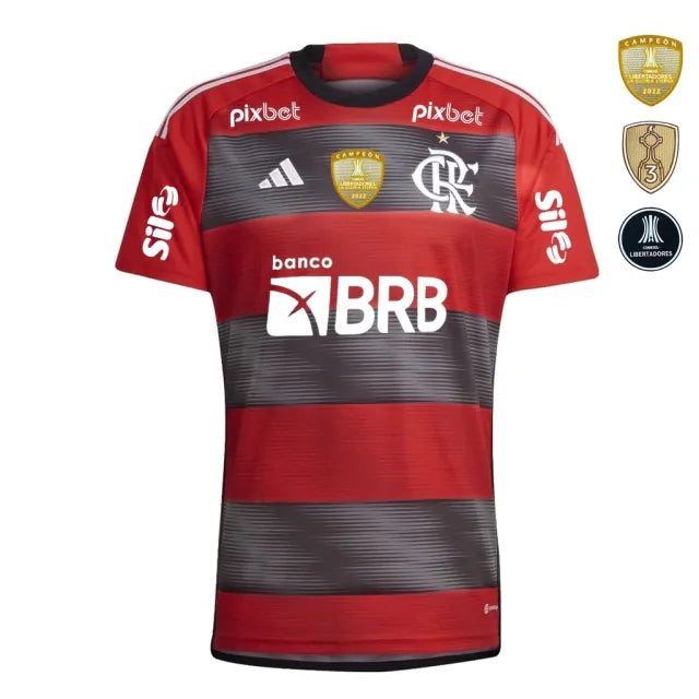 Camisa Flamengo I 23/24 Vermelha/Preta Com Patrocínio e Patches Masculina